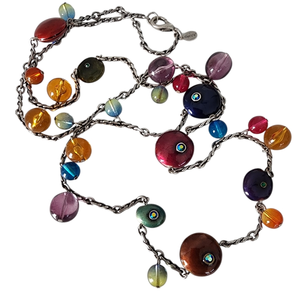 Vintage Chico's necklace boho chunky aurora borealis rhinestones art glass long